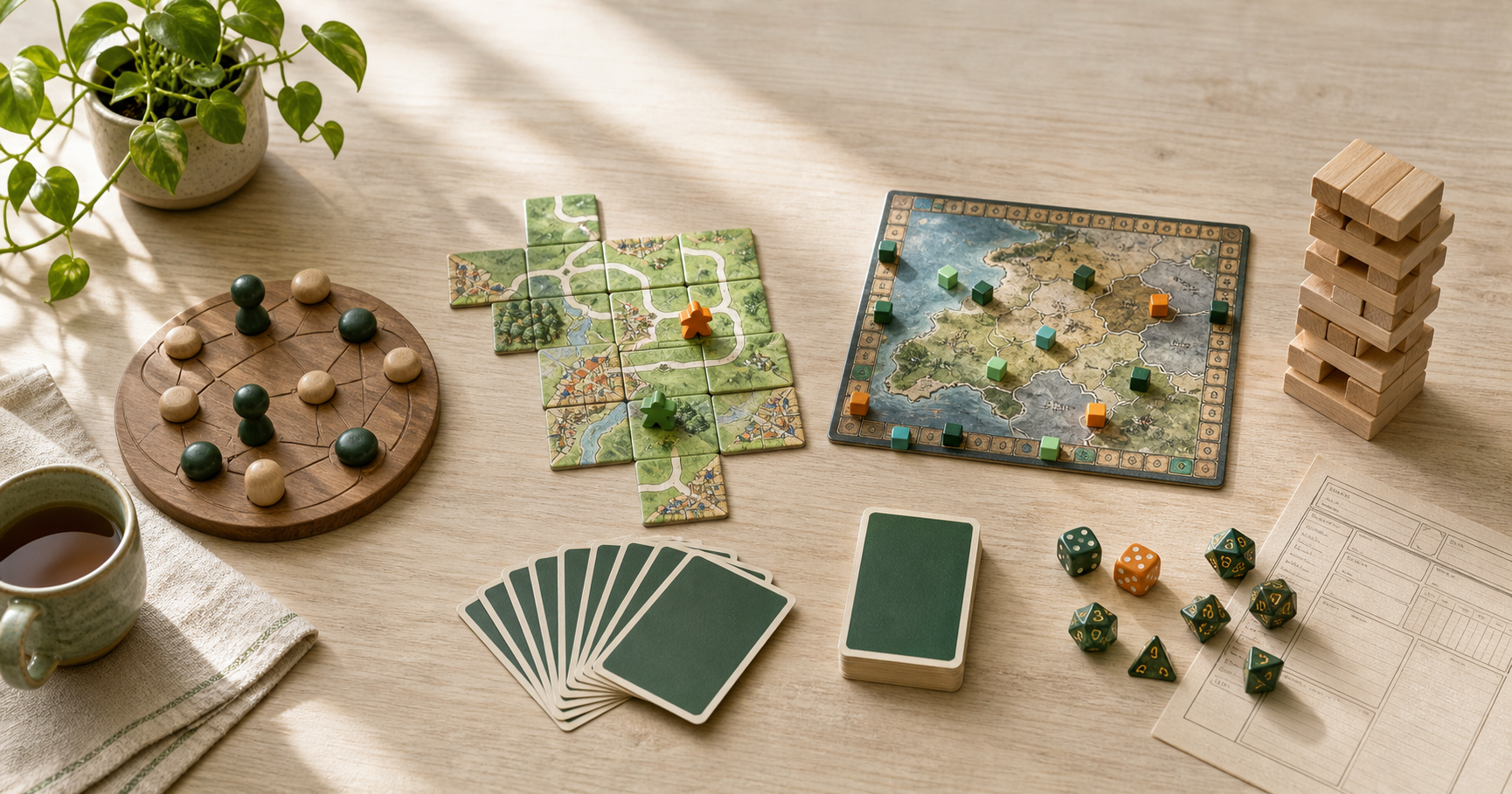 Overhead view of a sunny wooden table set with a sampler of games: a round strategy board, tiles with meeples, a map board, green cards, dice, and a block tower, beside a mug of tea and a houseplant.