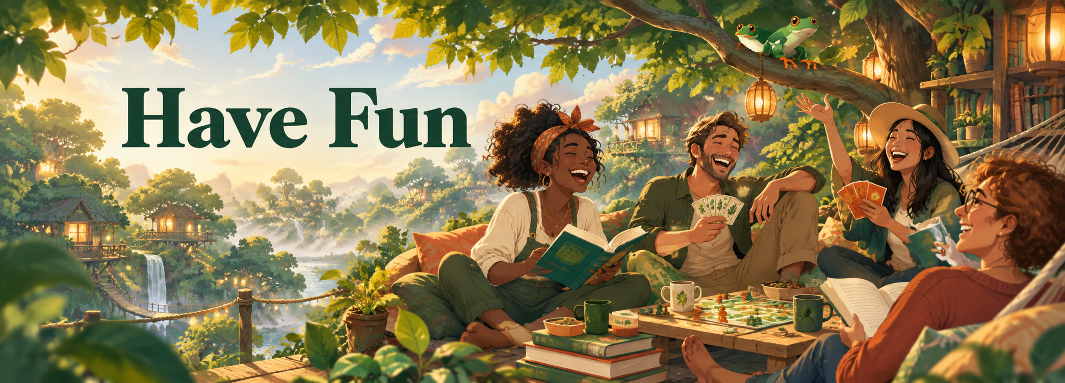 Illustration of grown-ups enjoying playful time together — Treefrog’s have-fun moment.
