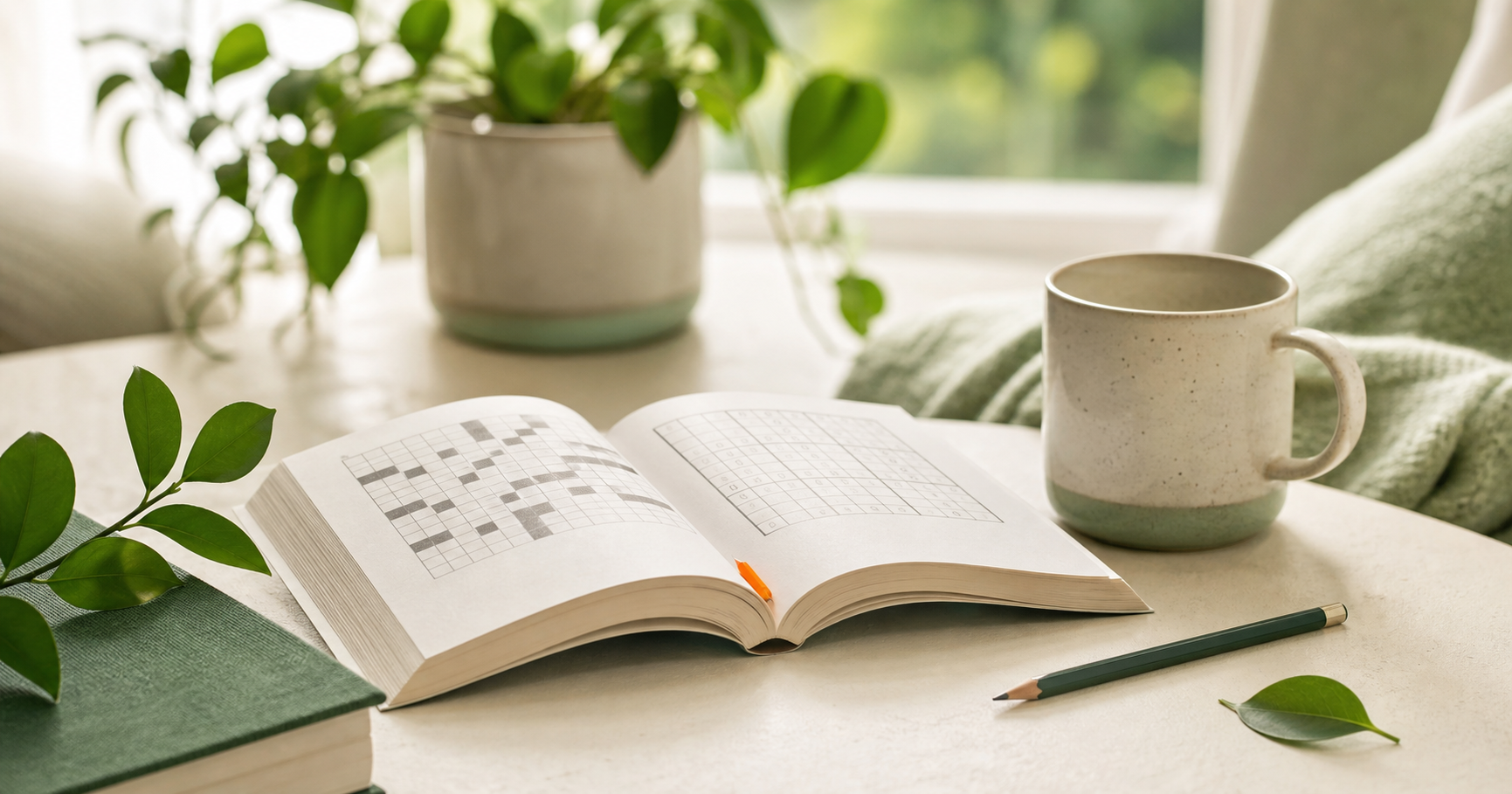 Open puzzle book with a crossword and a sudoku grid on a sunny table, beside a speckled mug, a green pencil, and houseplants.