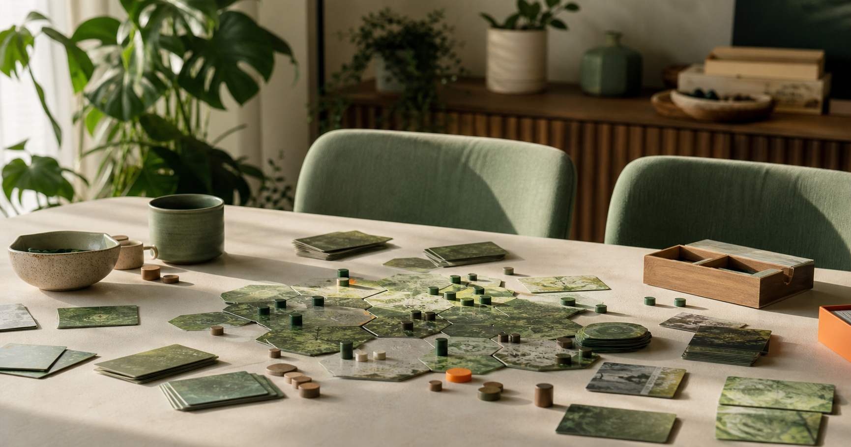 A green tile-and-token board game laid out mid-play on a long table, with cards, a wooden box, and two empty chairs pulled up.